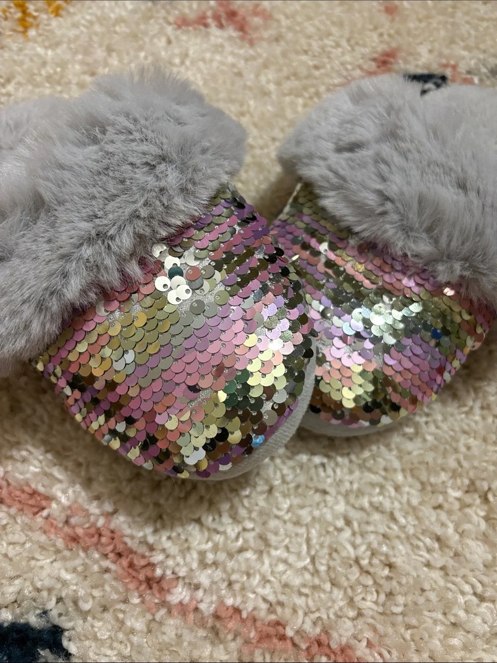 Kids Sequin & Faux Fur Slippers - Gray with Multicolor Sequins